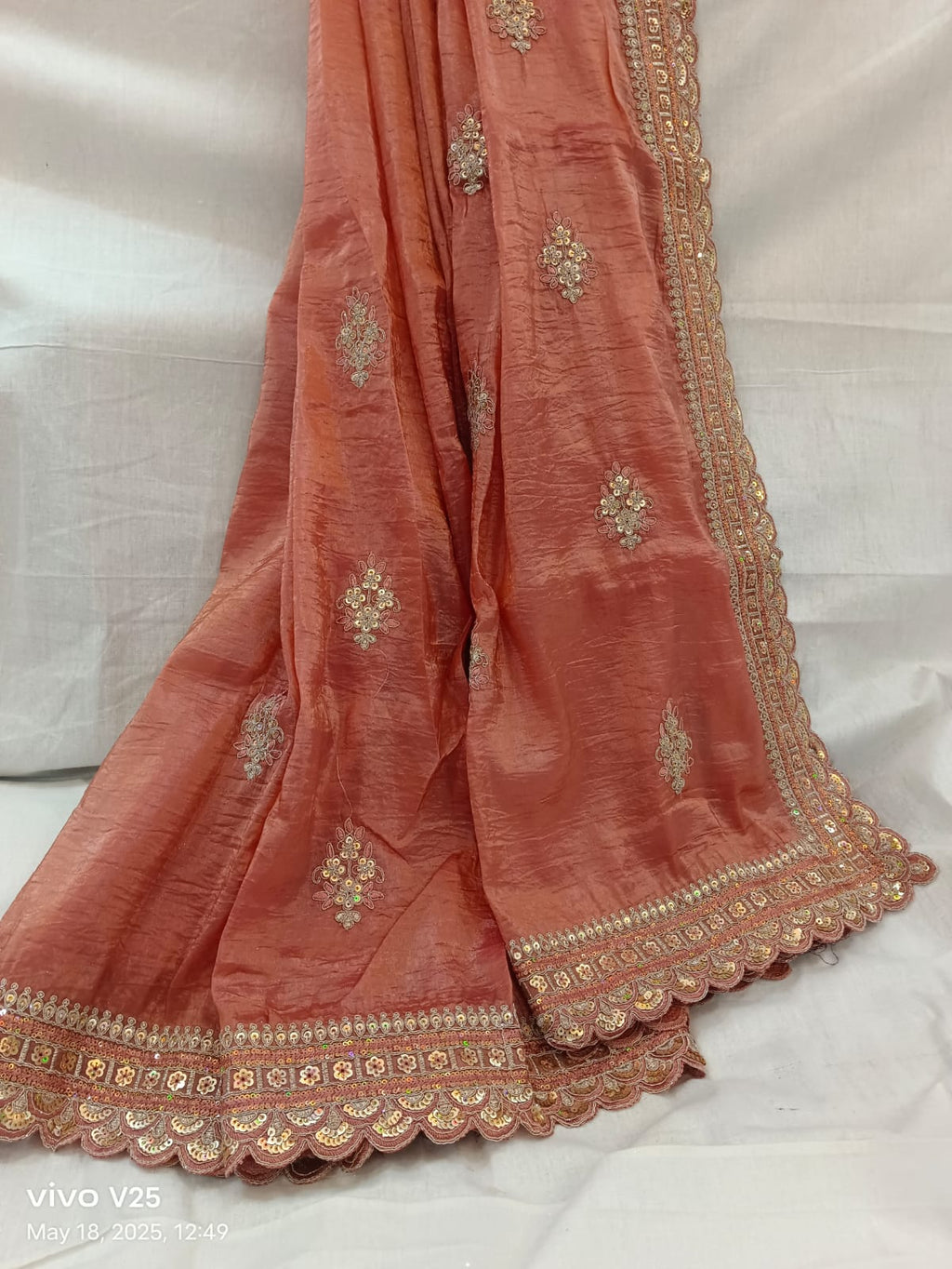 Embroidered Wrinkle Jimmy Choo Peach Saree Embroidered