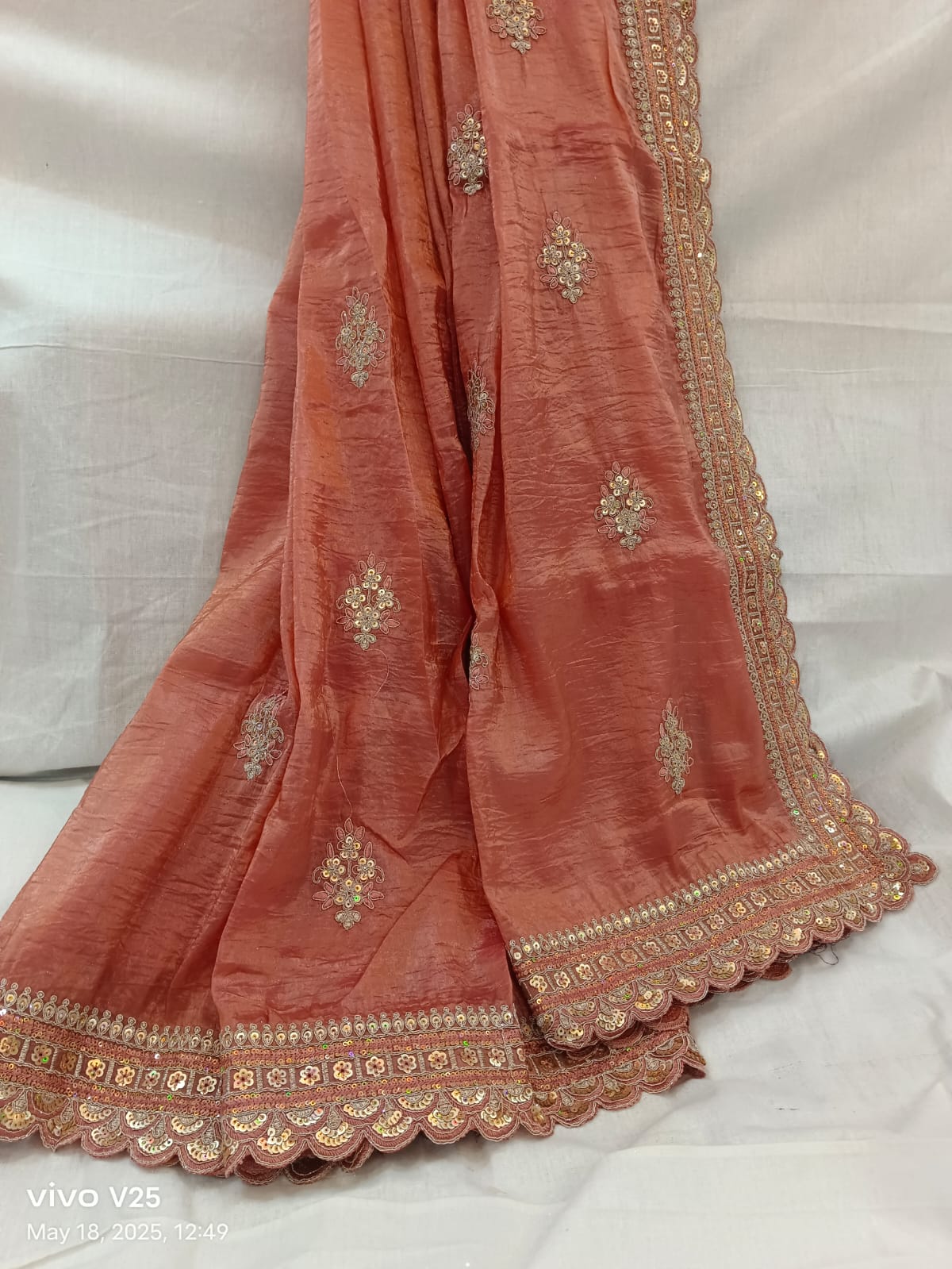 Embroidered Wrinkle Jimmy Choo Peach Saree Embroidered