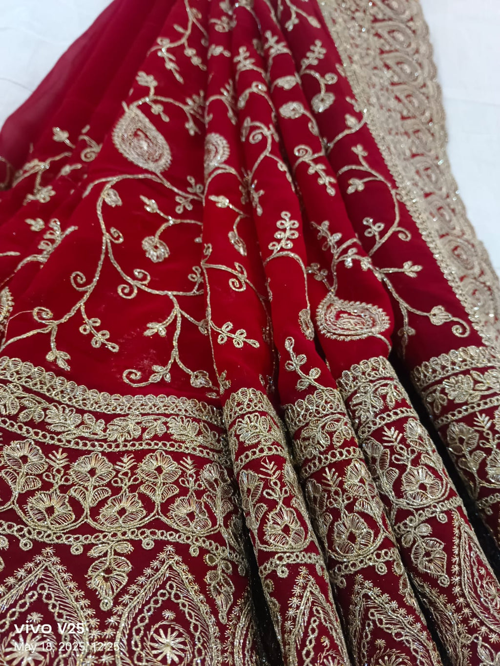 Maroon Red Heavy embroidered Saree with unstitched blouse georgette super light and stylish
