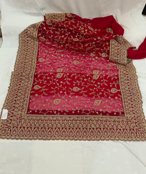 Maroon Red Heavy embroidered Saree with unstitched blouse georgette super light and stylish