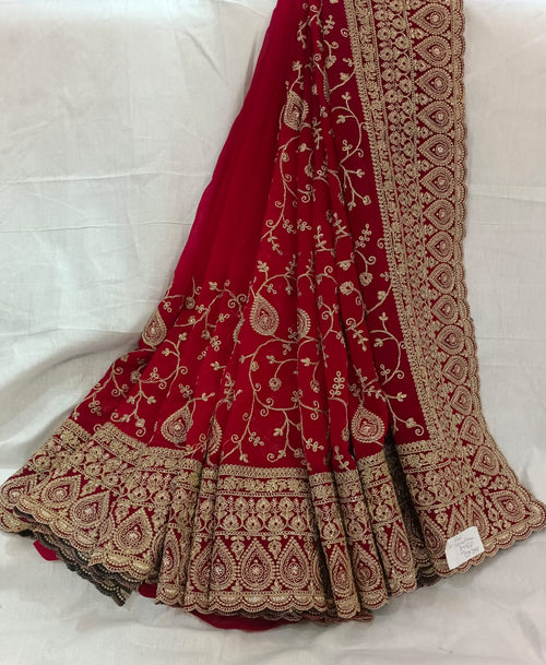 Maroon Red Heavy embroidered Saree with unstitched blouse georgette super light and stylish